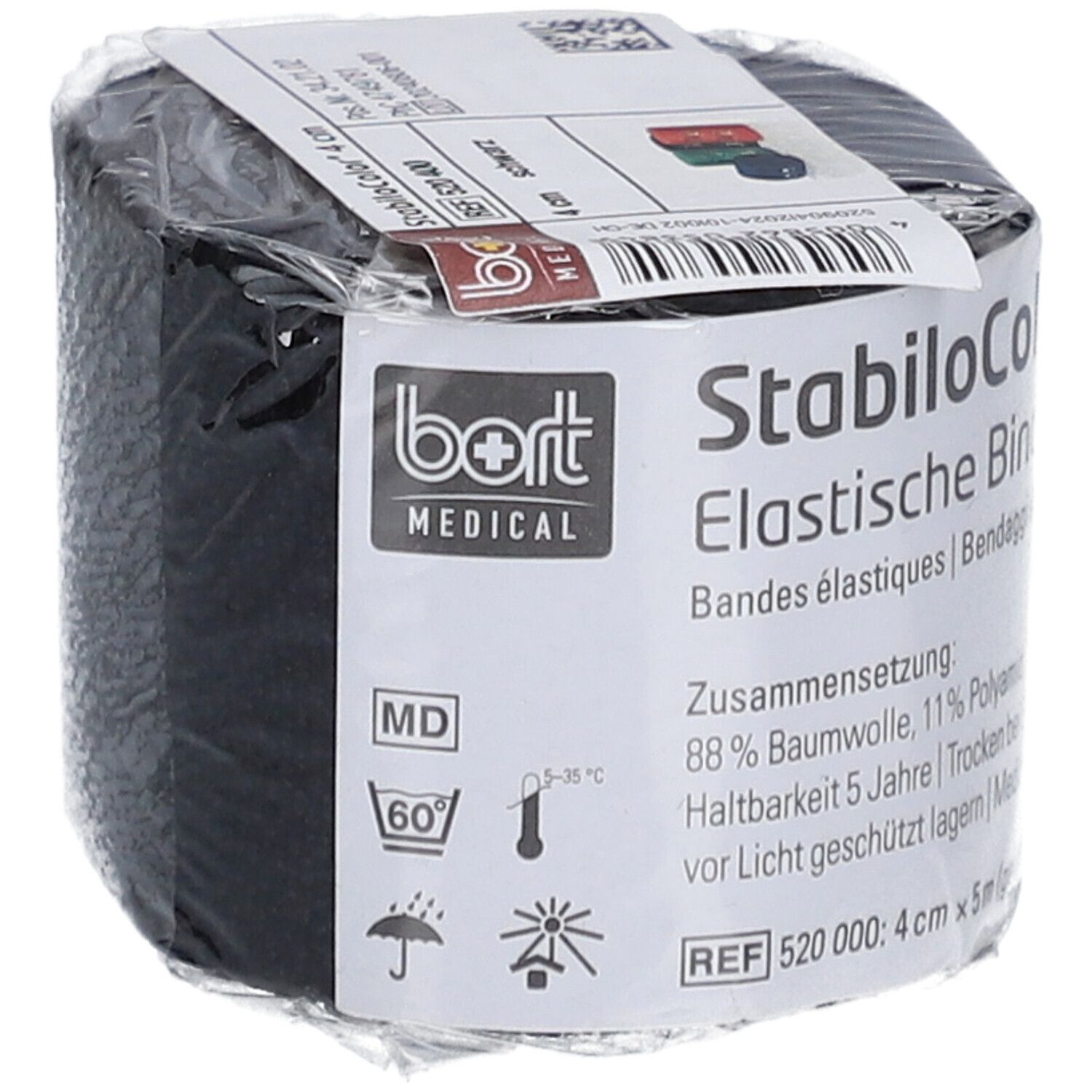 Elastische Binde, 4 cm breit, schwarz. Verpackt in Folie. Beschriftung: StabiloColor, BORT MEDICAL, Zusammensetzung.