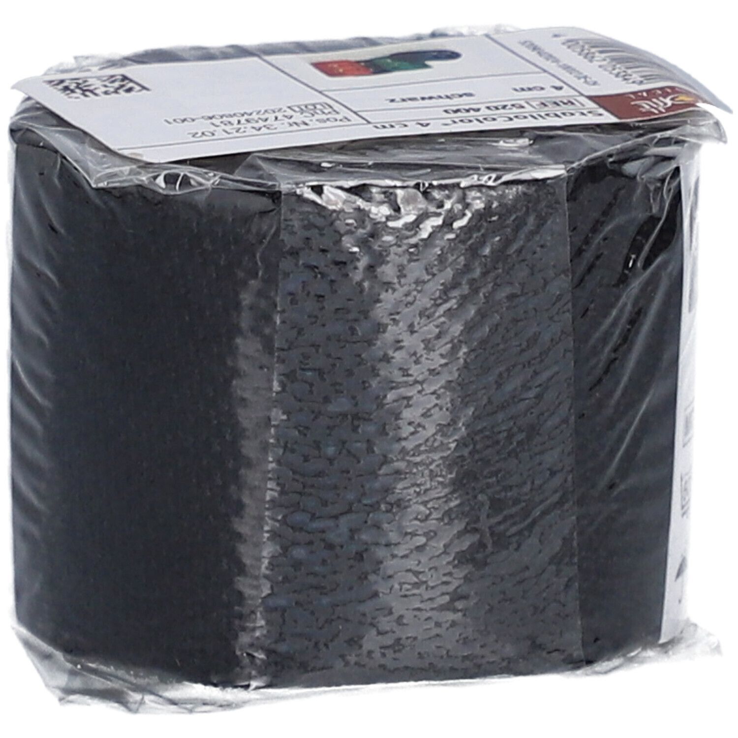 Gerollte, schwarze elastische Binde, verpackt in Folie. Aufkleber mit Produktinformationen.  