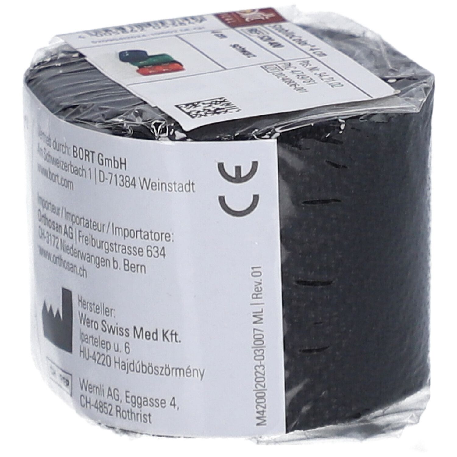 Gerollte, schwarze elastische Binde, verpackt in Folie.  CE-Kennzeichnung.  