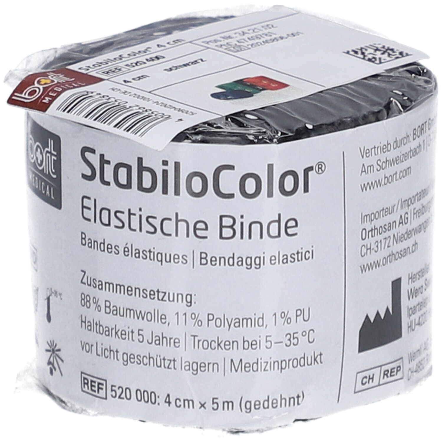 Elastische Binde, 4 cm breit, schwarz. Verpackt in Folie. Beschriftung: StabiloColor, BORT MEDICAL, Zusammensetzung.