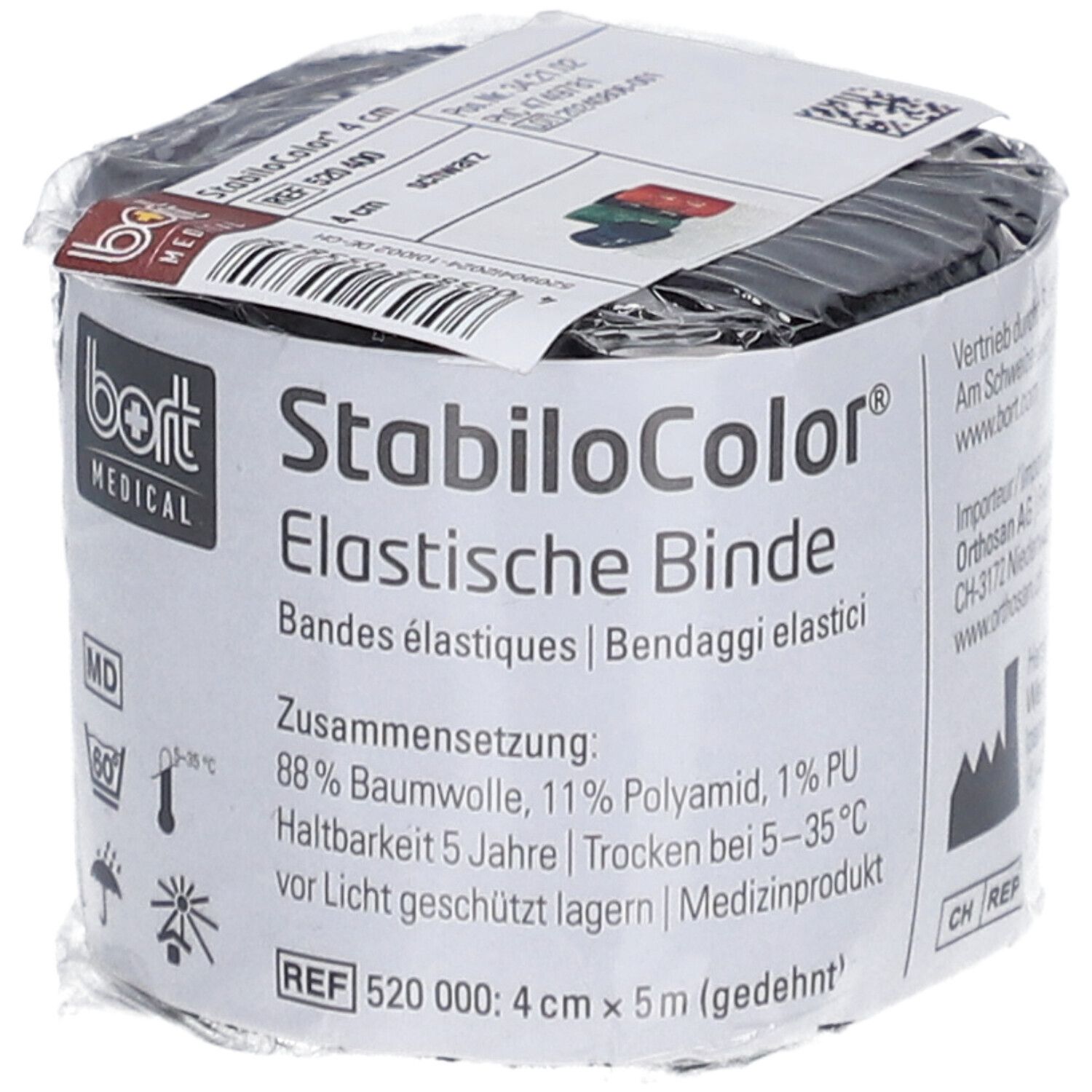 Elastische Binde, 4 cm breit, schwarz. Verpackt in Folie. Beschriftung: StabiloColor, BORT MEDICAL, Zusammensetzung.