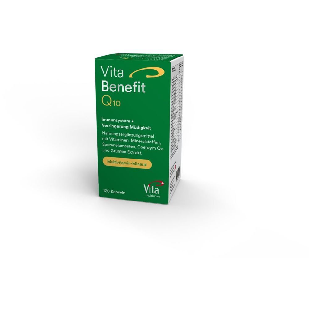 Boîte verte Vita Benefit Q10. Inscription : système immunitaire, réduction de la fatigue. 120 gélules.