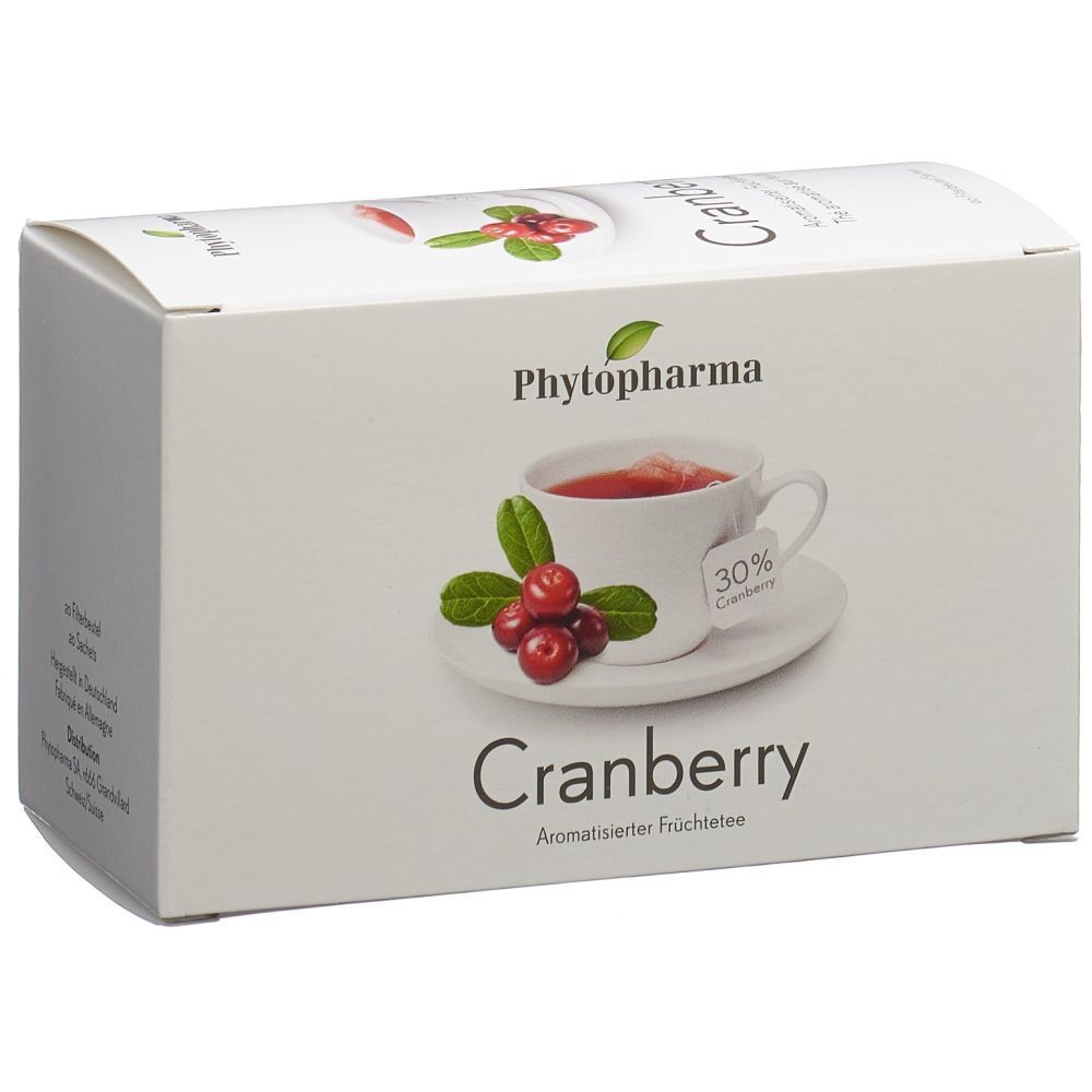 Weiße Verpackung mit PHYTOPHARMA Logo, Cranberry-Abbildung und Text. Aufdruck: Cranberry, aromatisierter Früchtetee.