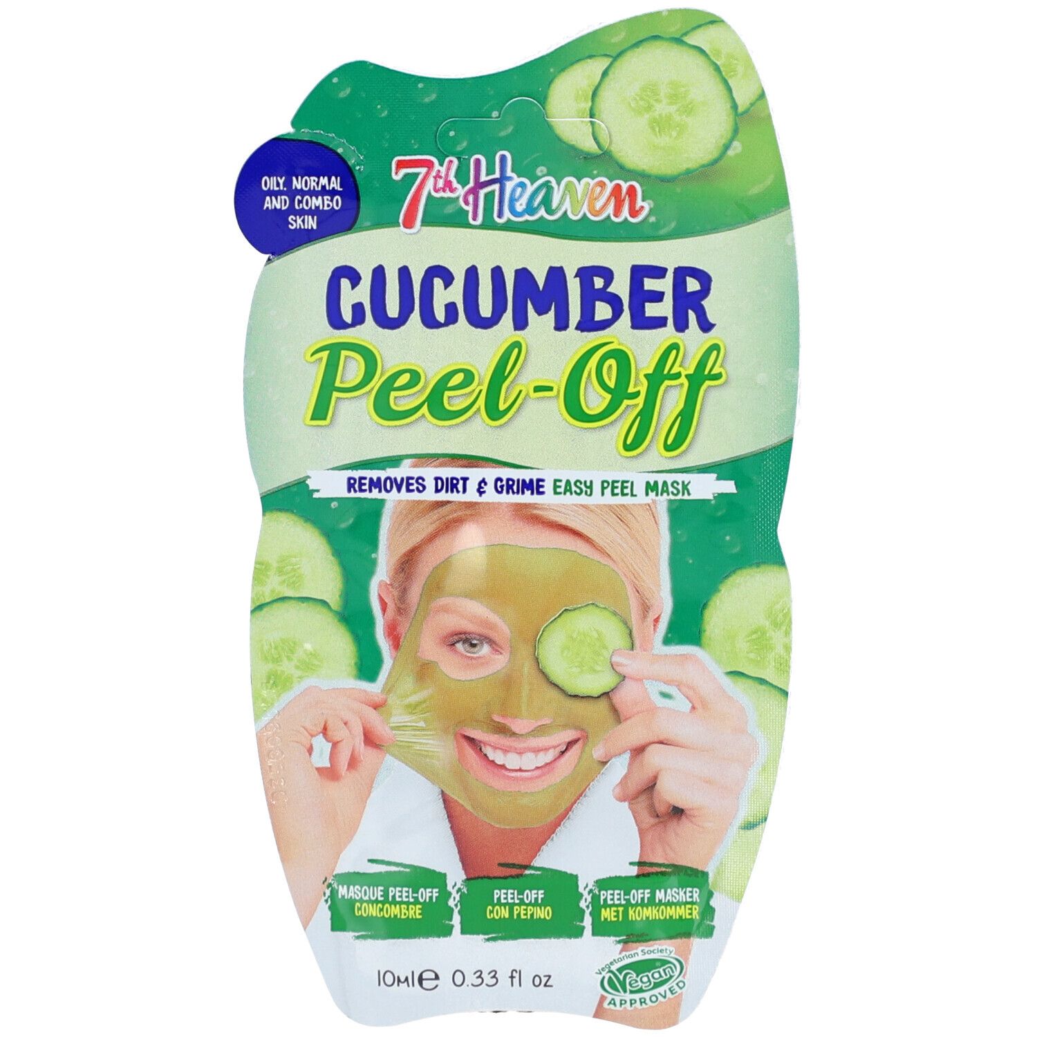 Verpackung mit Gesichtsmaske. Aufschrift: 7th Heaven Cucumber Peel-Off. Frau mit Maske und Gurkenscheibe.