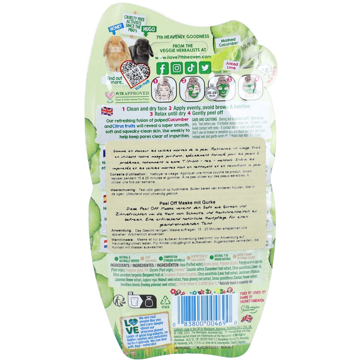 Rückseite der Verpackung. Text und Abbildungen. Enthält Anweisungen und Inhaltsstoffe.