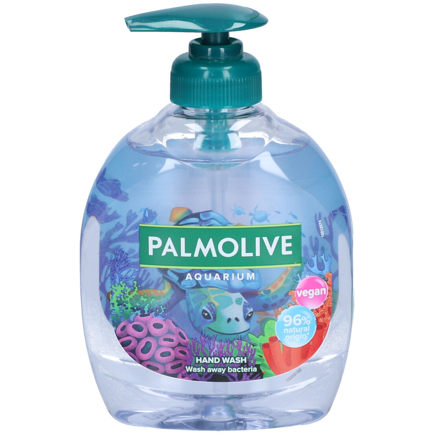 Flüssigseife mit blauem Inhalt. Aufdruck: Palmolive Aquarium, Meeresschildkröte, 96% natürlichen Ursprungs, vegan.