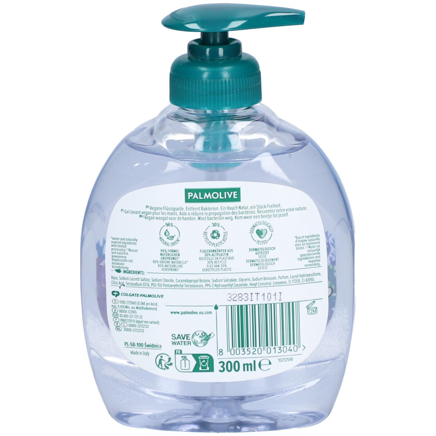 Rückseite der Flüssigseifenflasche. Aufdruck: Palmolive, Inhaltsstoffe, 300 ml, Recycling-Symbole, vegan.