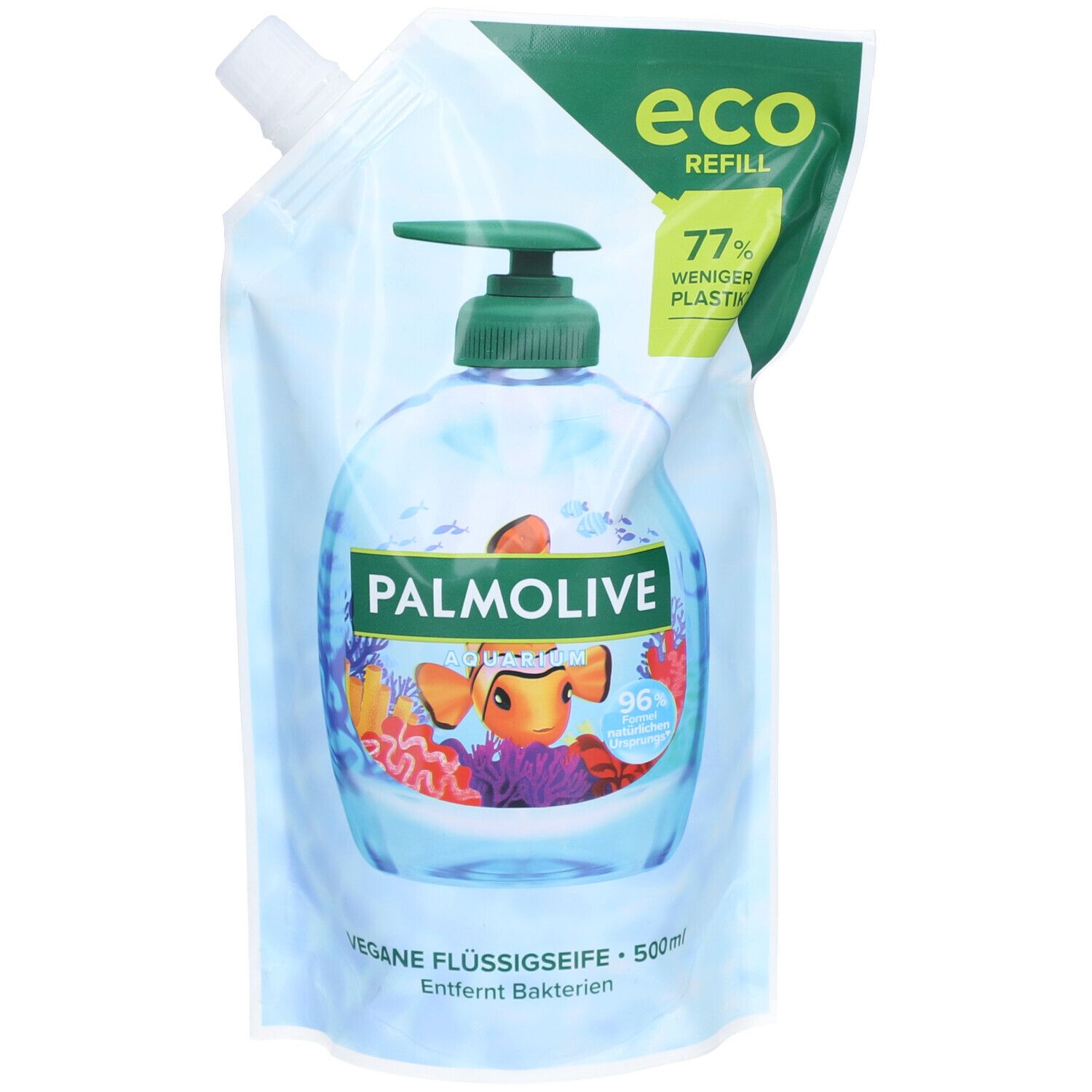 Palmolive Flüssigseife Nachfüllbeutel. Grün-weiße Verpackung mit Pumpe. Fisch-Motiv. "Eco Refill"-Label.
