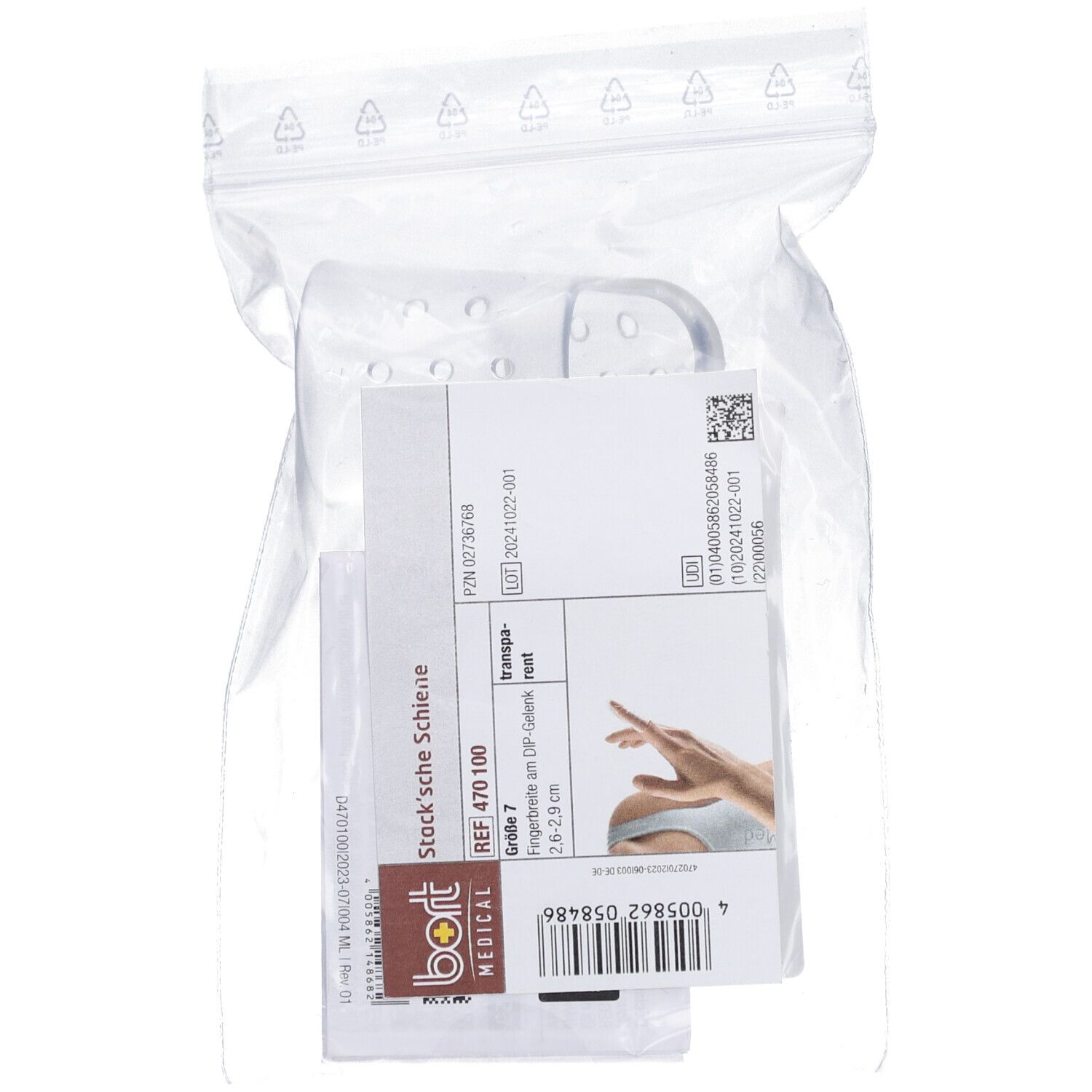 Transparente Bort Stack'sche Schiene, Größe 7, in Plastikverpackung. Produktinformationen auf Etikett.