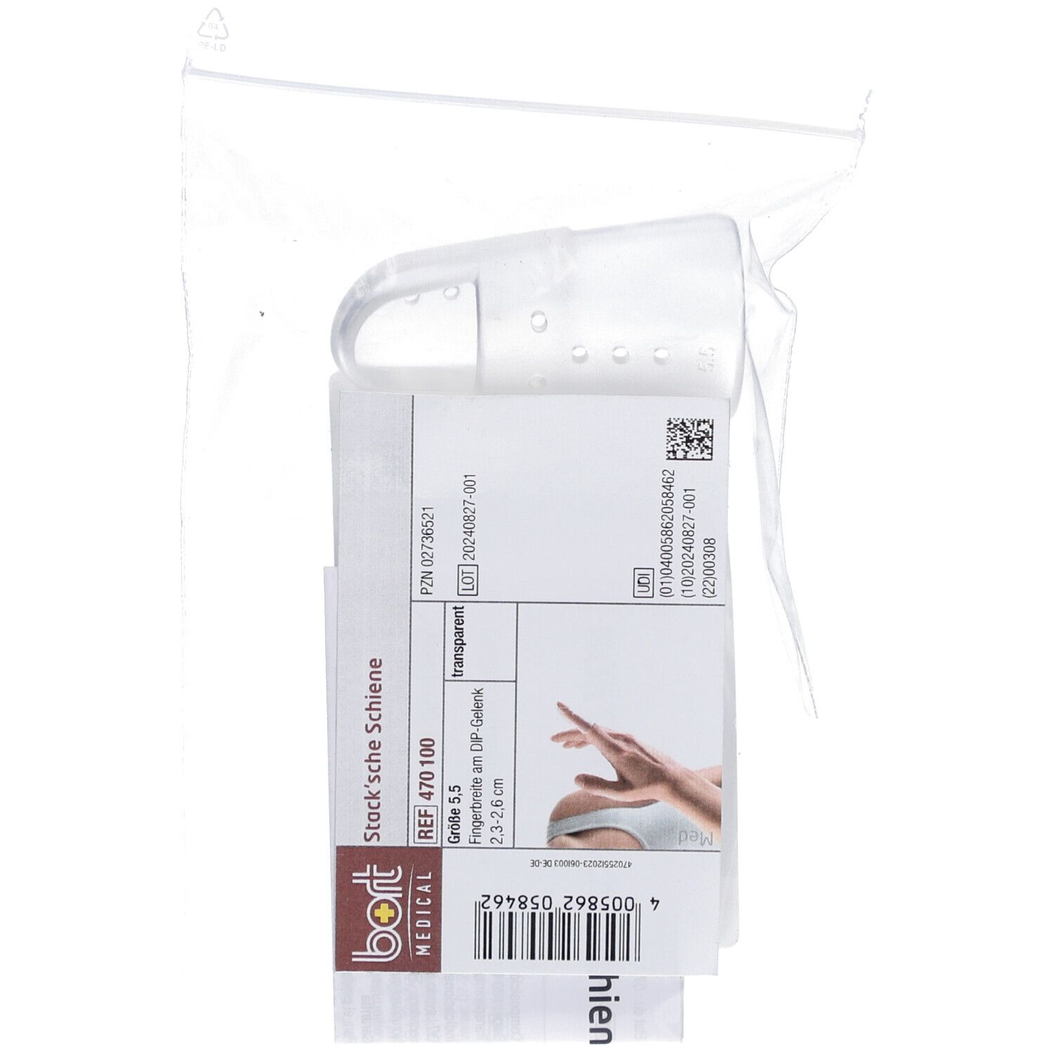 Transparente Stack'sche Schiene in Verpackung. Größe 5.5, Fingerbreite 2.3-2.6 cm. Marke Bort Medical.
