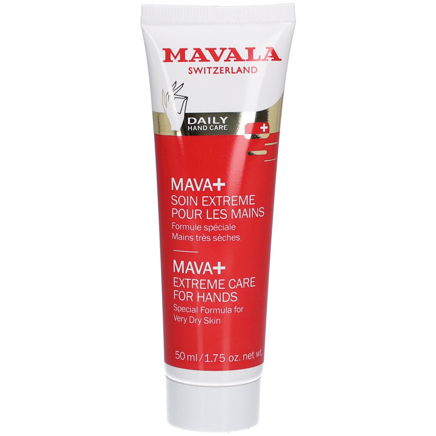 Weiße Tube mit roter Schrift. MAVALA Switzerland, Daily Hand Care. MAVA+ Extreme Care für Hände. 50 ml.