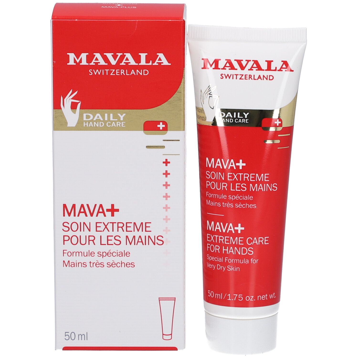 Produktverpackung mit Tube. MAVALA Switzerland, Daily Hand Care. MAVA+ Soin extrême pour les mains. 50 ml.