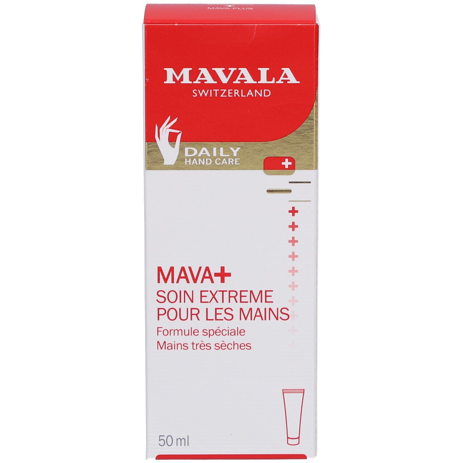 Produktverpackung. MAVALA Switzerland, Daily Hand Care. MAVA+ Soin extrême pour les mains. 50 ml.