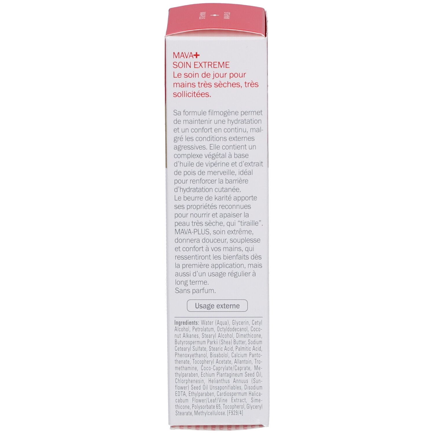 Produktverpackung, Rückseite. MAVA+ Soin extrême. Inhaltsstoffe und Anwendungshinweise. Ohne Duftstoff.