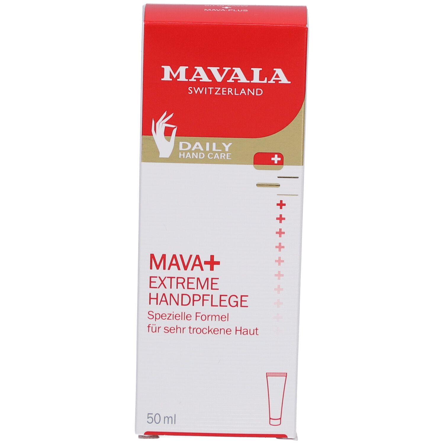 Produktverpackung. MAVALA Switzerland. MAVA+ Extreme Handpflege. Spezielle Formel für sehr trockene Haut. 50 ml.