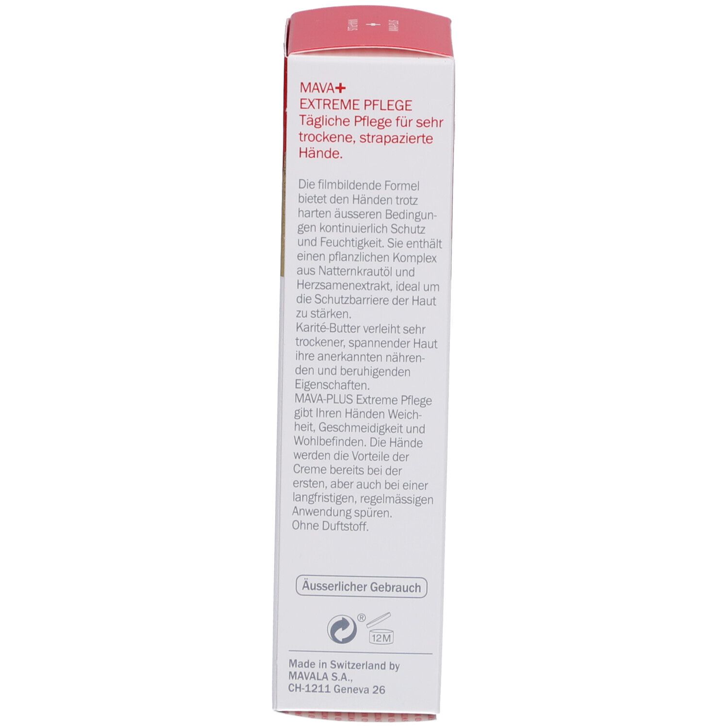 Produktverpackung, Seite. MAVA+ Extreme Pflege. Tägliche Pflege für sehr trockene, strapazierte Hände. 12M.