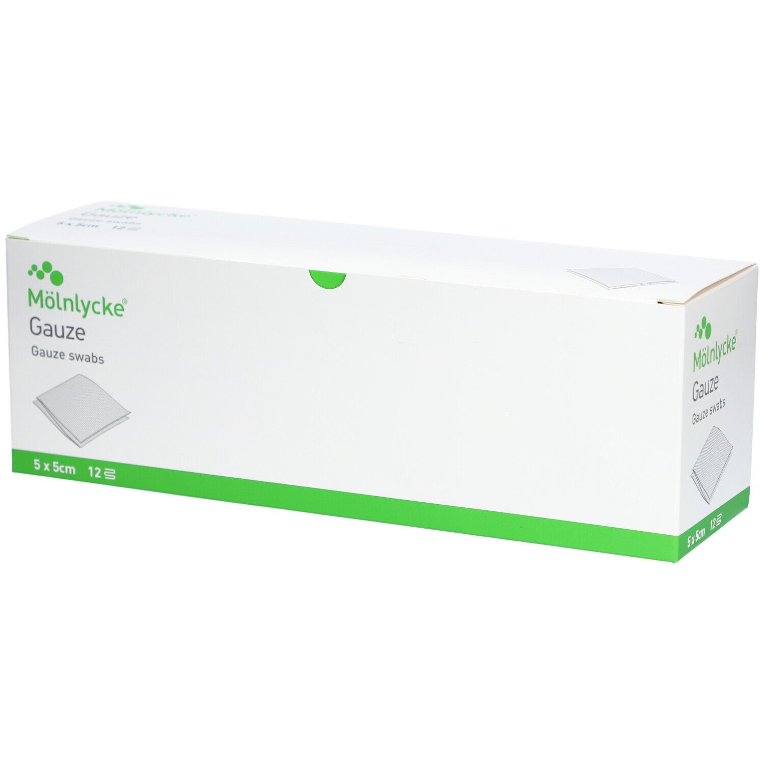 Weiße Kartonverpackung mit grünen Akzenten. Aufdruck: M

lnlycke Gauze, 5x5cm, 12 Stück.