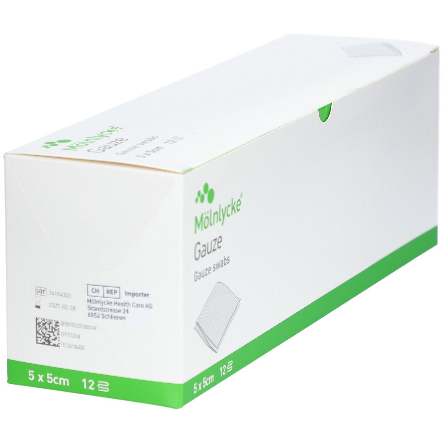 Schräg gestellte weiße Kartonverpackung mit grünen Akzenten. Aufdruck: M

lnlycke Gauze, 5x5cm, 12 Stück.