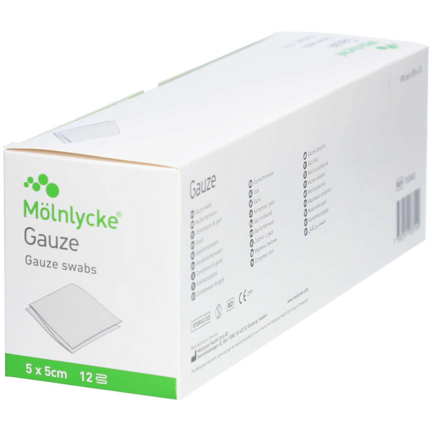 Weiße Kartonverpackung mit grünen Akzenten. Aufdruck: M

lnlycke Gauze, 5x5cm, 12 Stück.