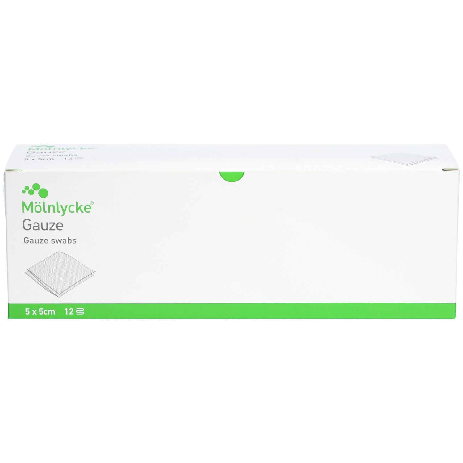 Weiße Kartonverpackung mit grünen Akzenten. Aufdruck: M

lnlycke Gauze, 5x5cm, 12 Stück.