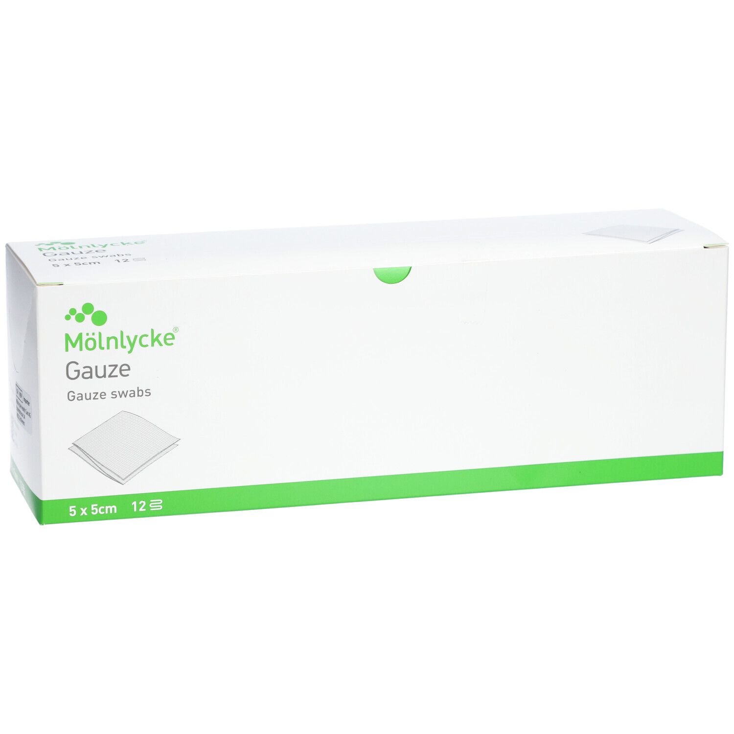Weiße Kartonverpackung mit grünen Akzenten. Aufdruck: M

lnlycke Gauze, 5x5cm, 12 Stück.