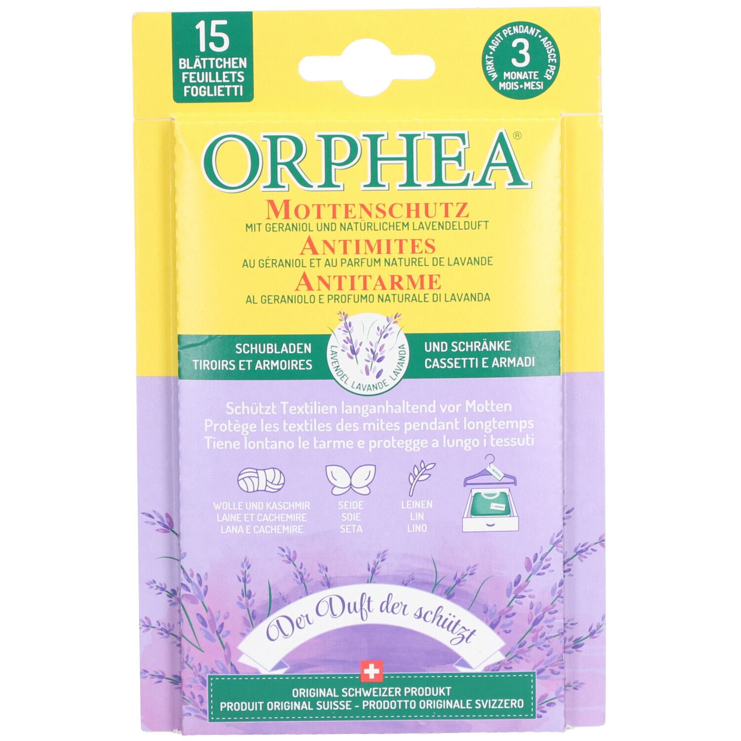 Gelbe Verpackung mit "ORPHEA Mottenschutz". 15 Blätter. Text auf Deutsch, Französisch, Italienisch. Lavendel-Motiv.