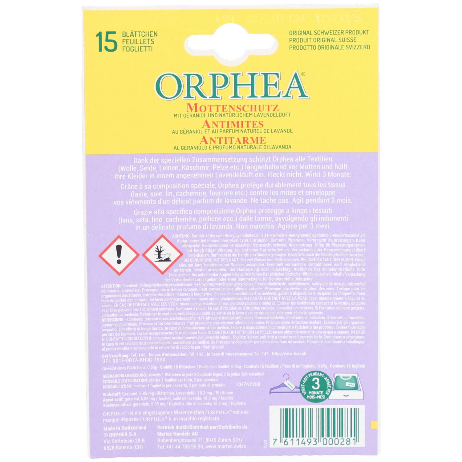 Rückseite der Verpackung "ORPHEA Mottenschutz". Text in Deutsch, Französisch, Italienisch. Warnsymbole, 3 Monate Haltbarkeit.