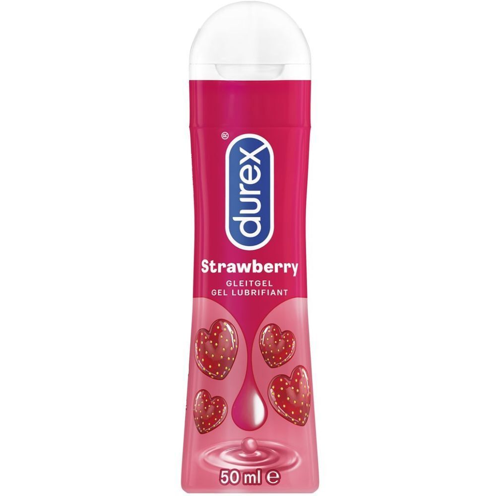 Rosa Tube mit weißem Deckel. Aufschrift "durex" und "Strawberry Gleitgel". Erdbeer-Illustrationen und 50 ml.