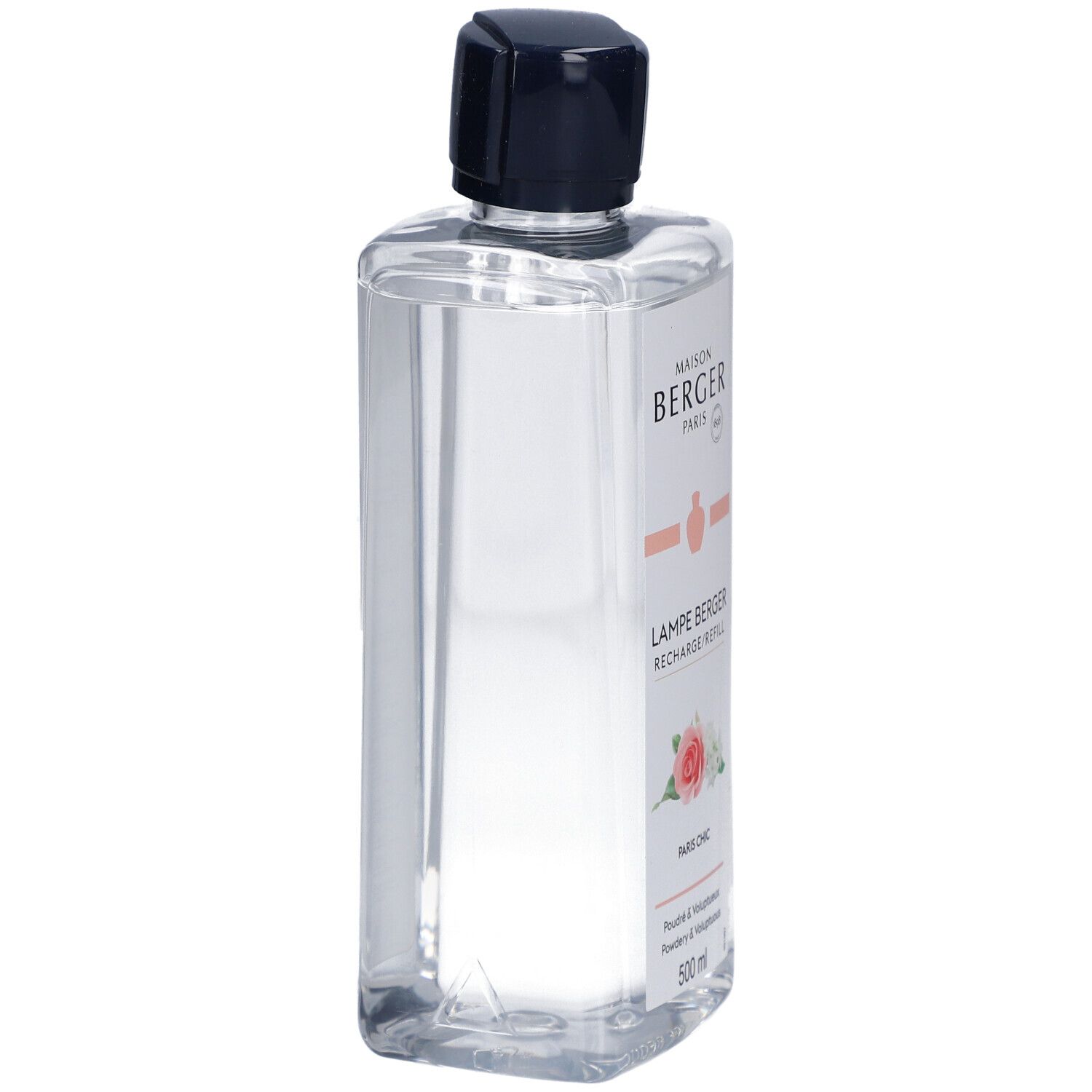 Lampe Berger Nachfüllung. Rechteckige Flasche mit schwarzem Verschluss. Etikett mit Produktnamen und Logo.