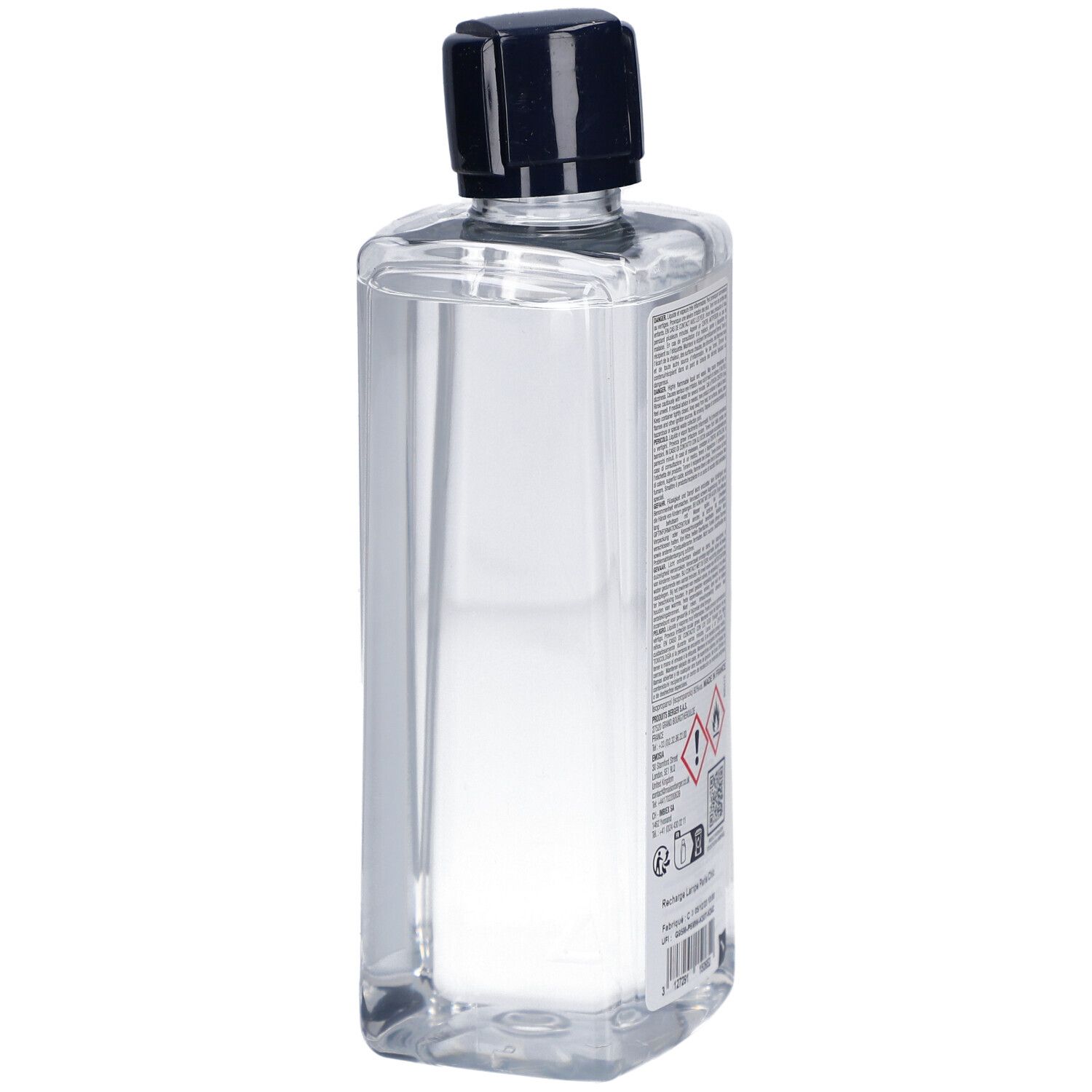 Lampe Berger Nachfüllung. Rechteckige Flasche mit schwarzem Verschluss. Rückansicht.