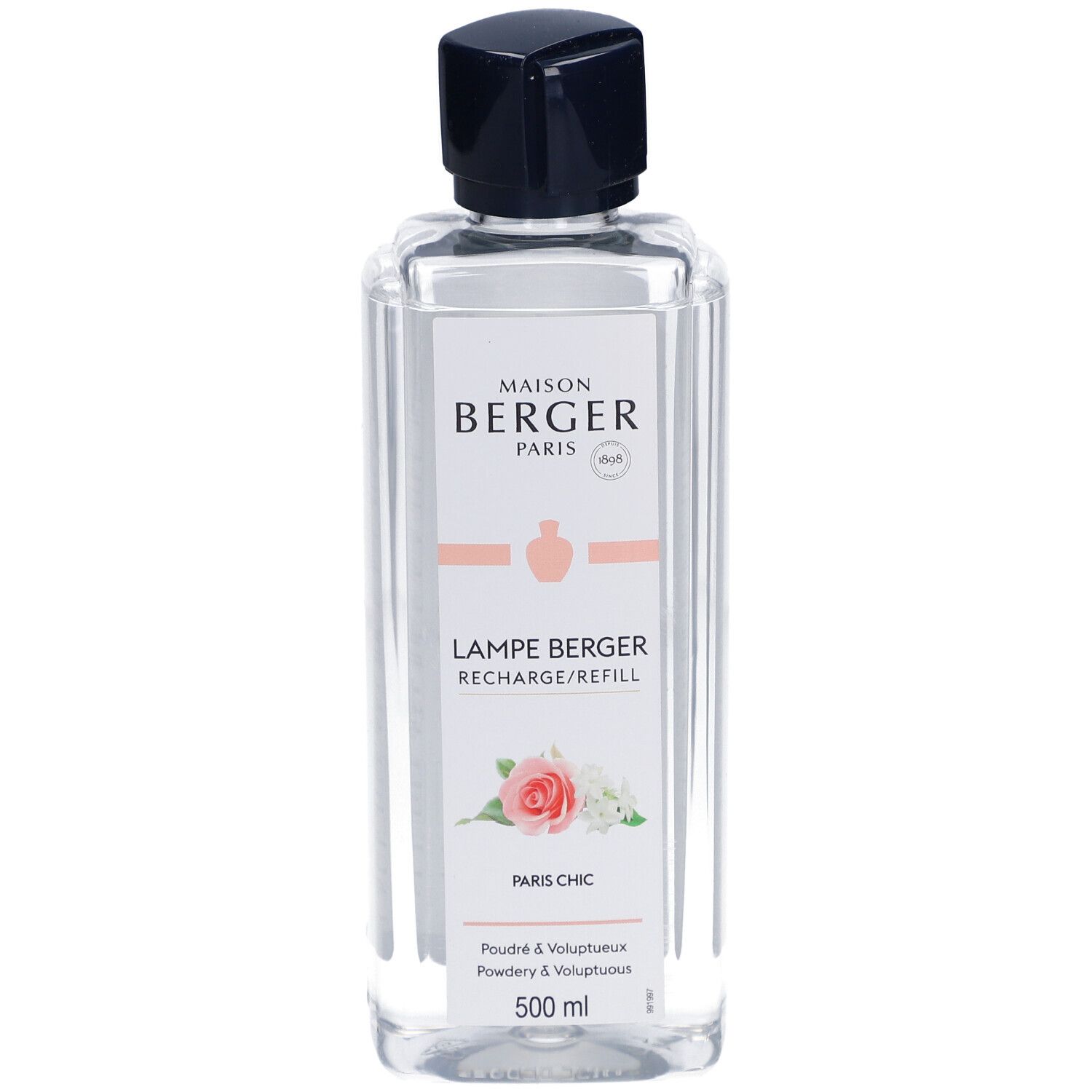 Lampe Berger Nachfüllung. Rechteckige Flasche mit schwarzem Verschluss. Etikett mit Produktnamen, Blumen und Logo.