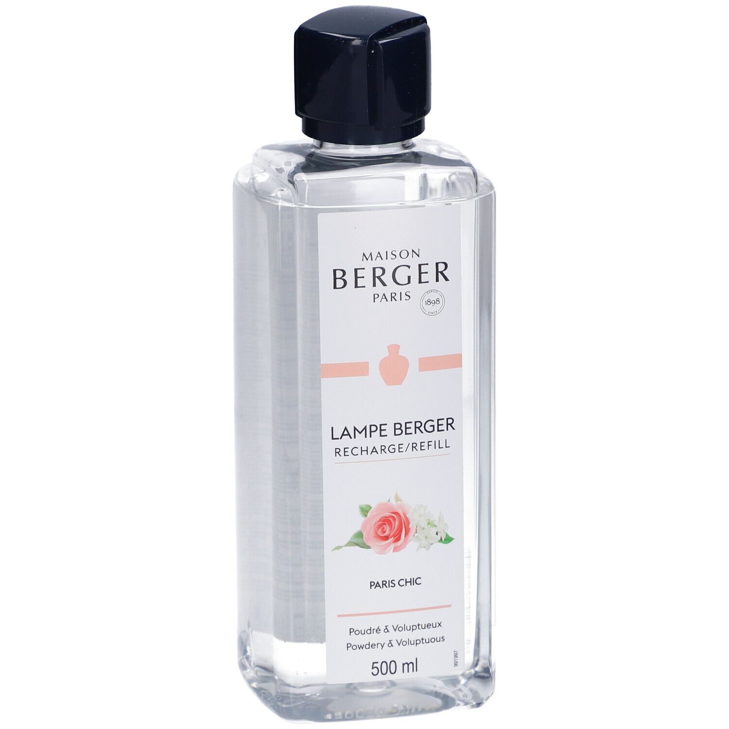Lampe Berger Nachfüllung. Rechteckige Flasche mit schwarzem Verschluss. Etikett mit Produktnamen, Blumen und Logo.