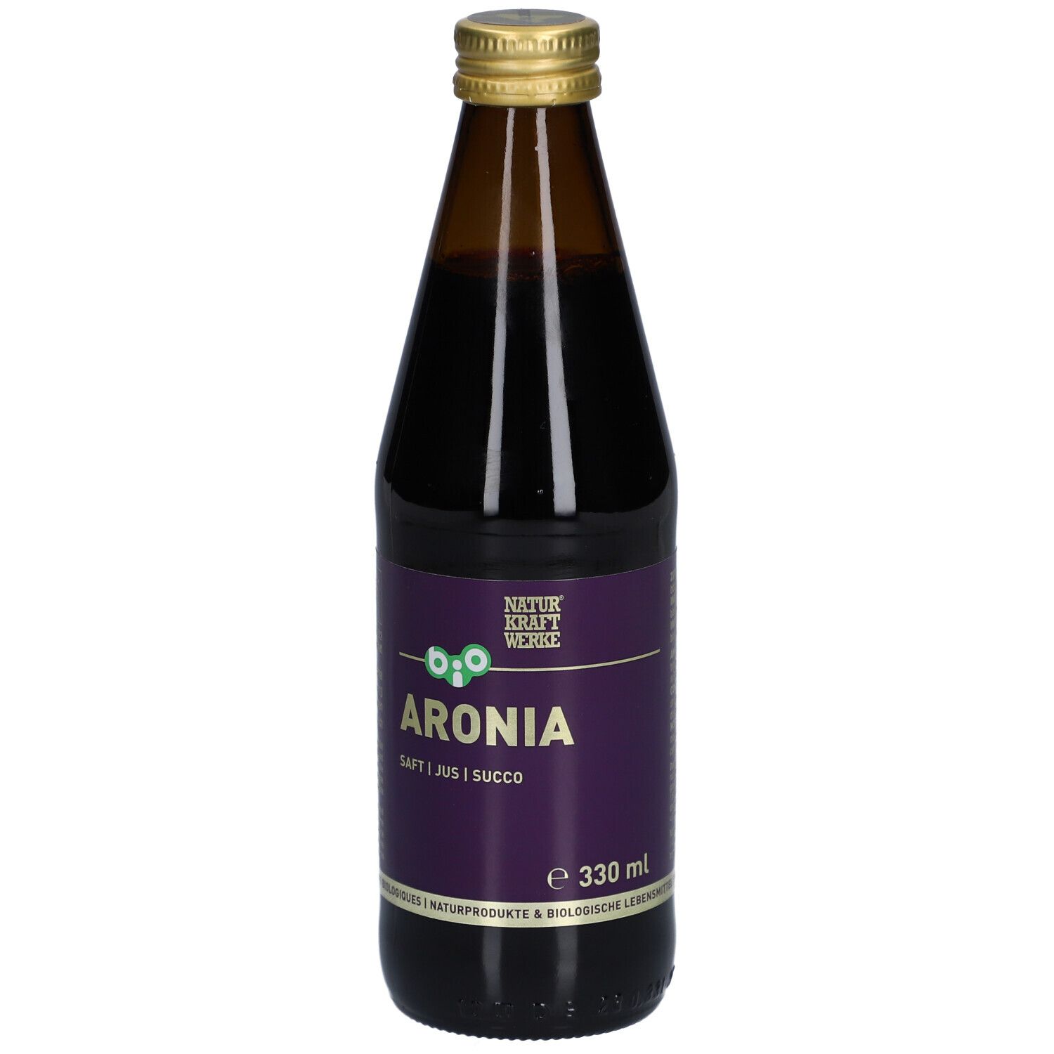 Bouteille en verre brun avec bouchon doré. Étiquette violette avec ARONIA, Saft i Jus i Succo. Label bio.