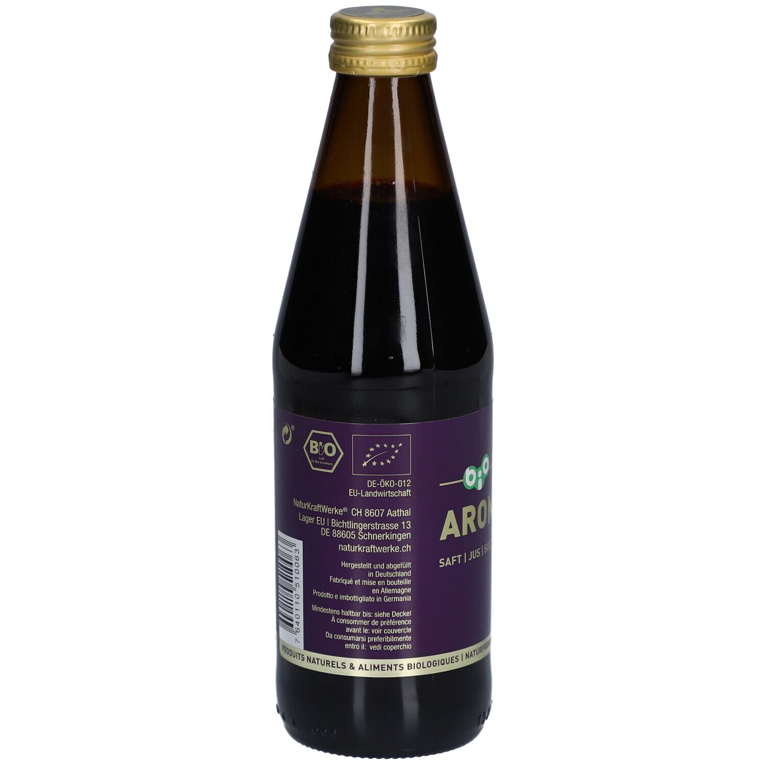 Dos de la bouteille en verre brun. Étiquette avec texte, label bio et code-barres. Logo Naturkraftwerke.