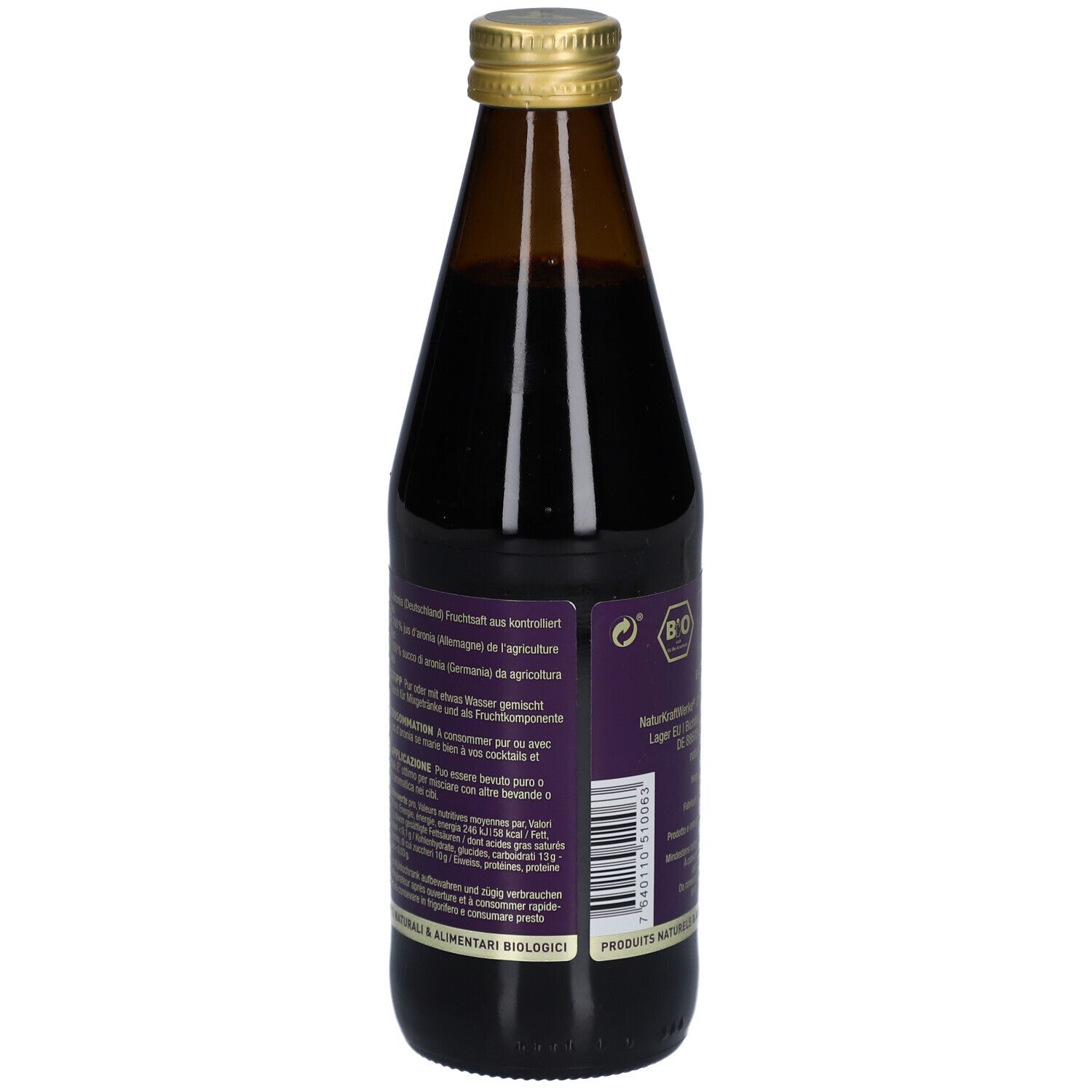 Dos de la bouteille en verre brun. Étiquette avec texte, label bio et code-barres. Logo Naturkraftwerke.