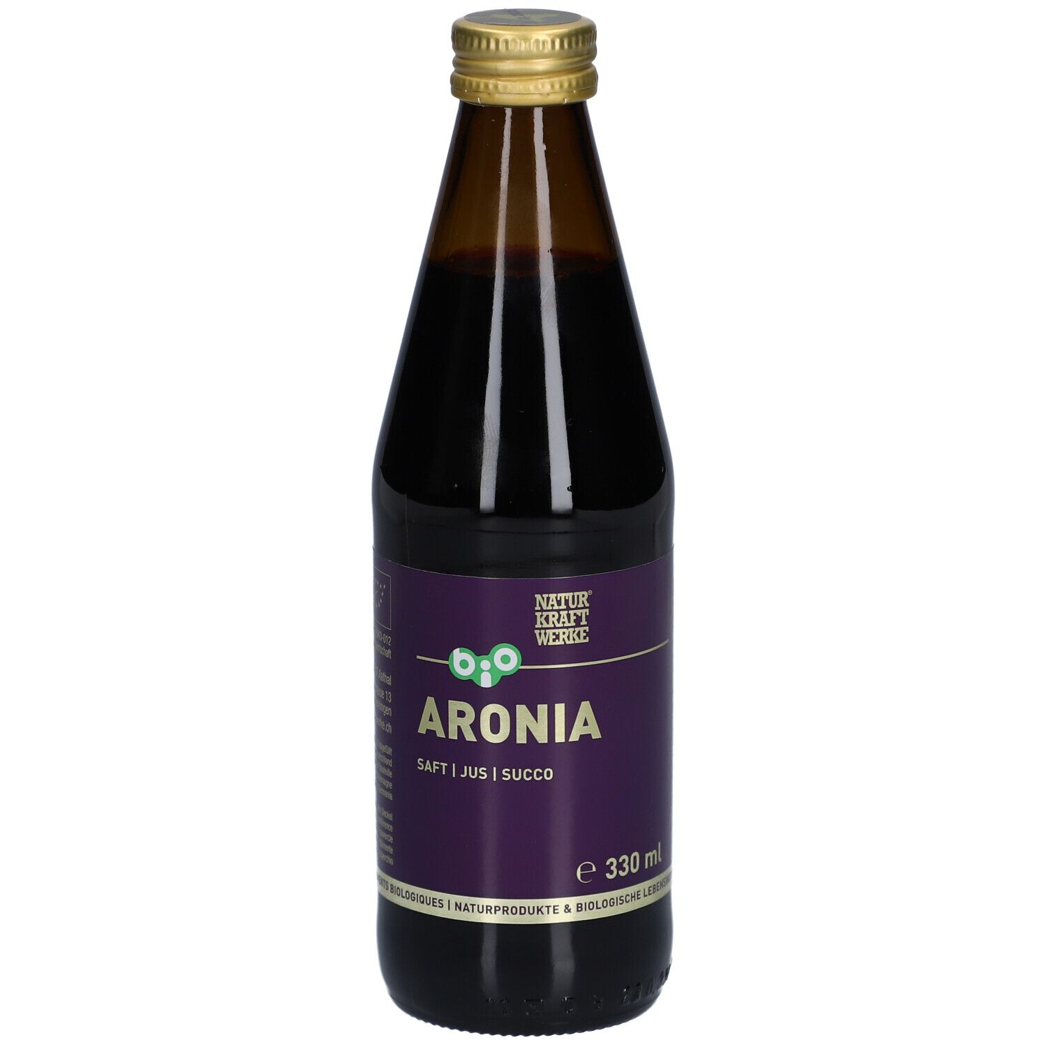 Bouteille en verre brun avec bouchon doré. Étiquette violette avec ARONIA, Saft i Jus i Succo. Label bio.
