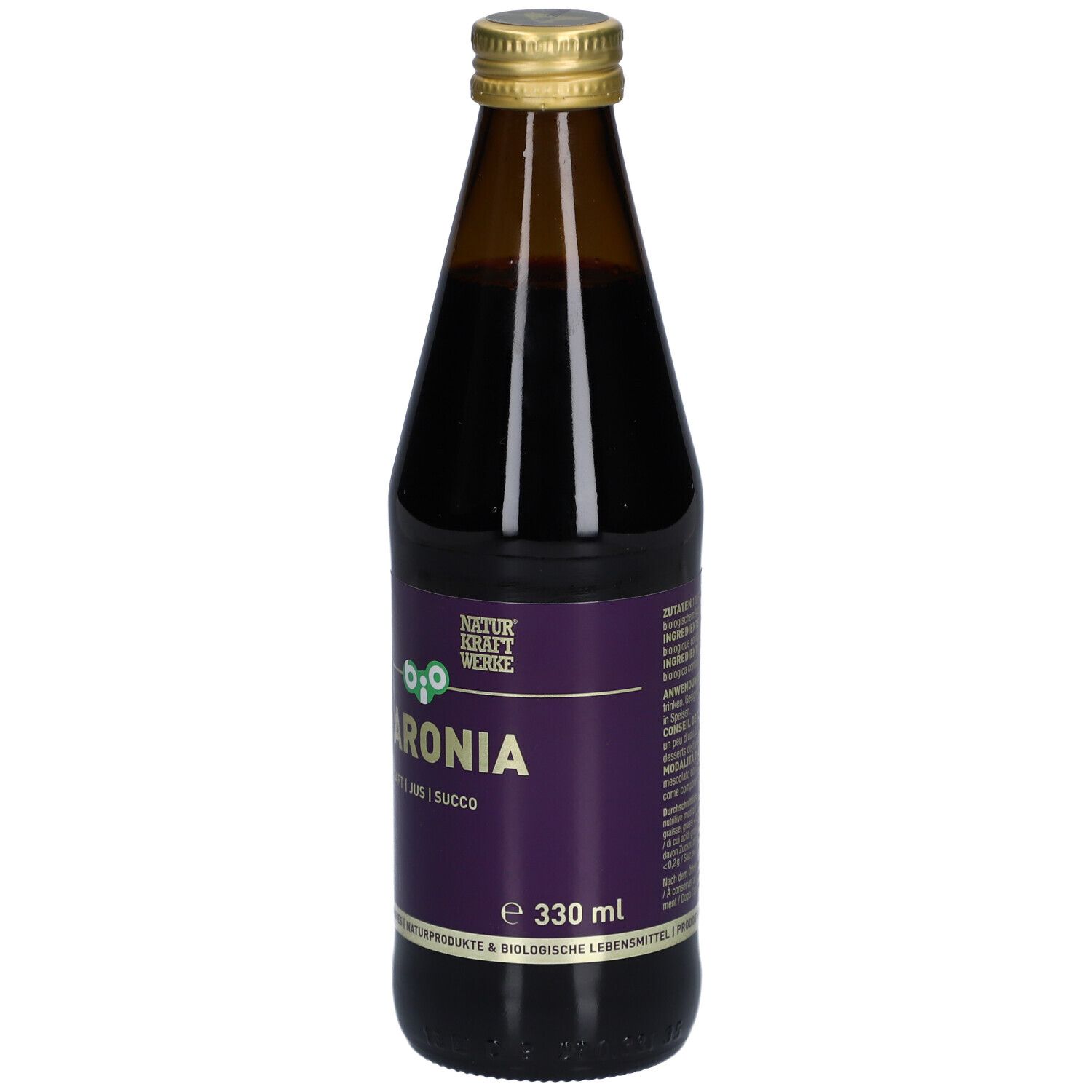 Bouteille en verre brun avec bouchon doré. Étiquette violette avec ARONIA, Saft i Jus i Succo. Label bio.