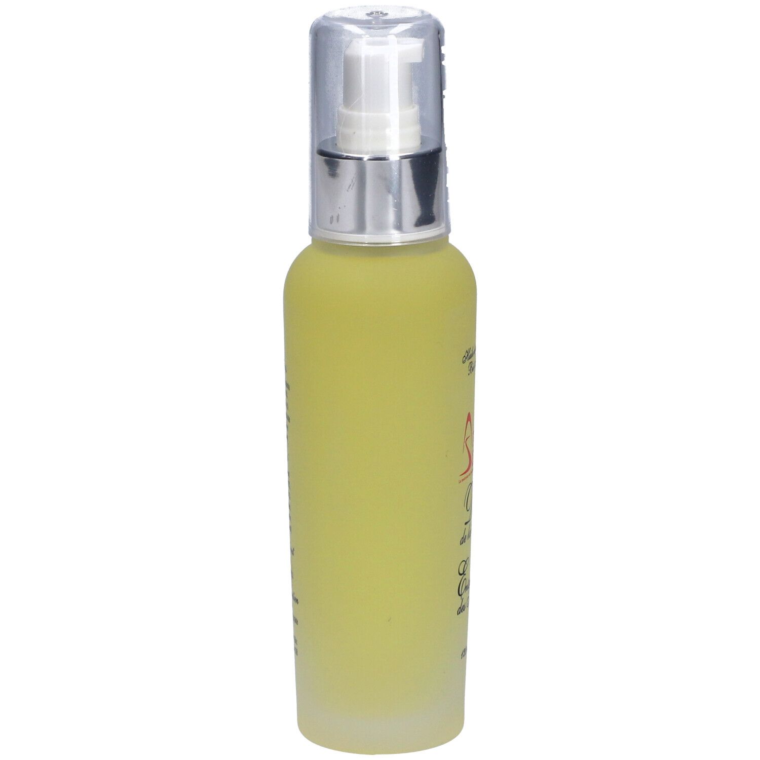 Gelbliche Flasche mit Sprühkopf. Seitenansicht. Beschriftung: Aromasan, Détente de la Nuque, Entspannung des Nackens, Bio Massageöl.