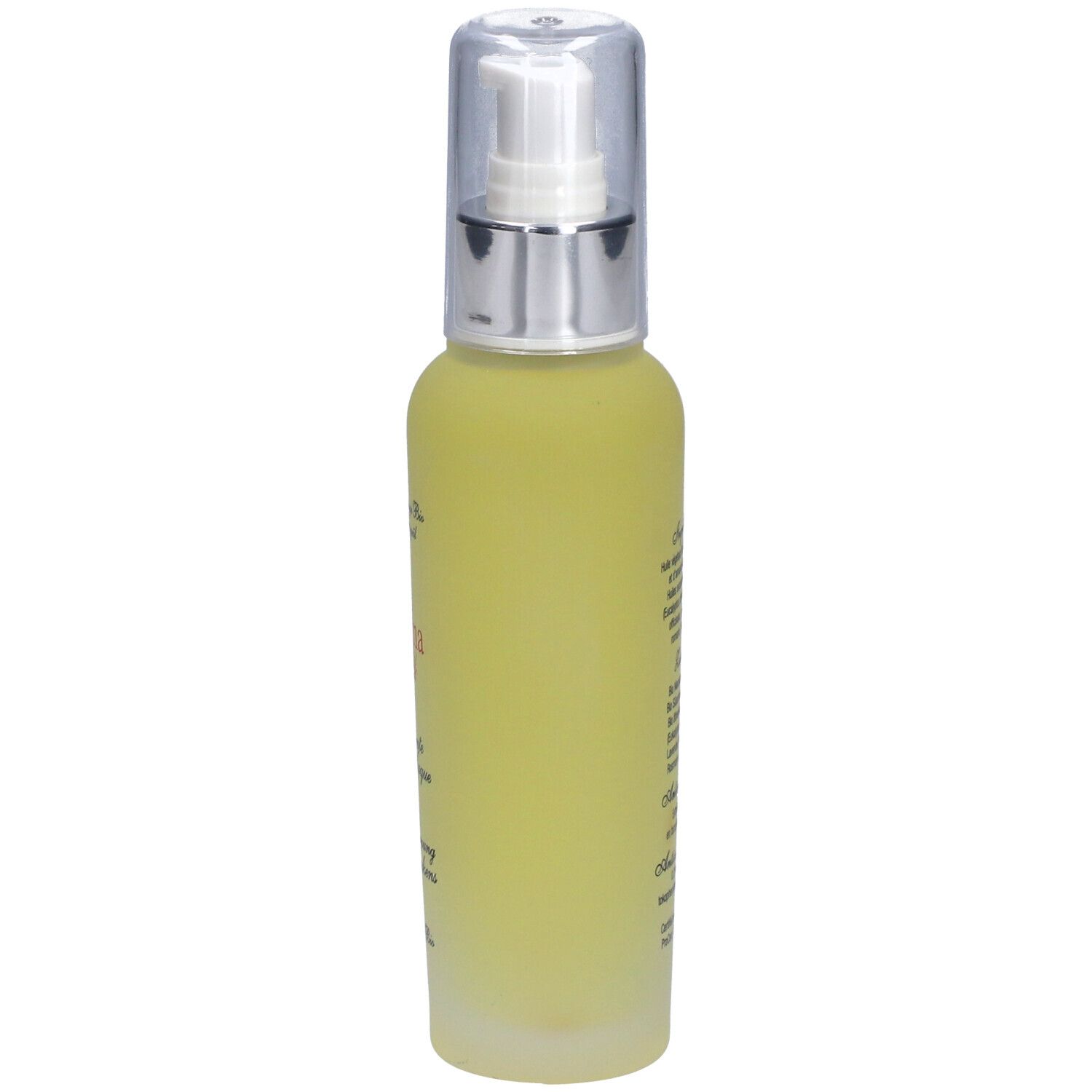 Gelbliche Flasche mit Sprühkopf. Seitenansicht. Beschriftung: Aromasan, Détente de la Nuque, Entspannung des Nackens, Bio Massageöl.