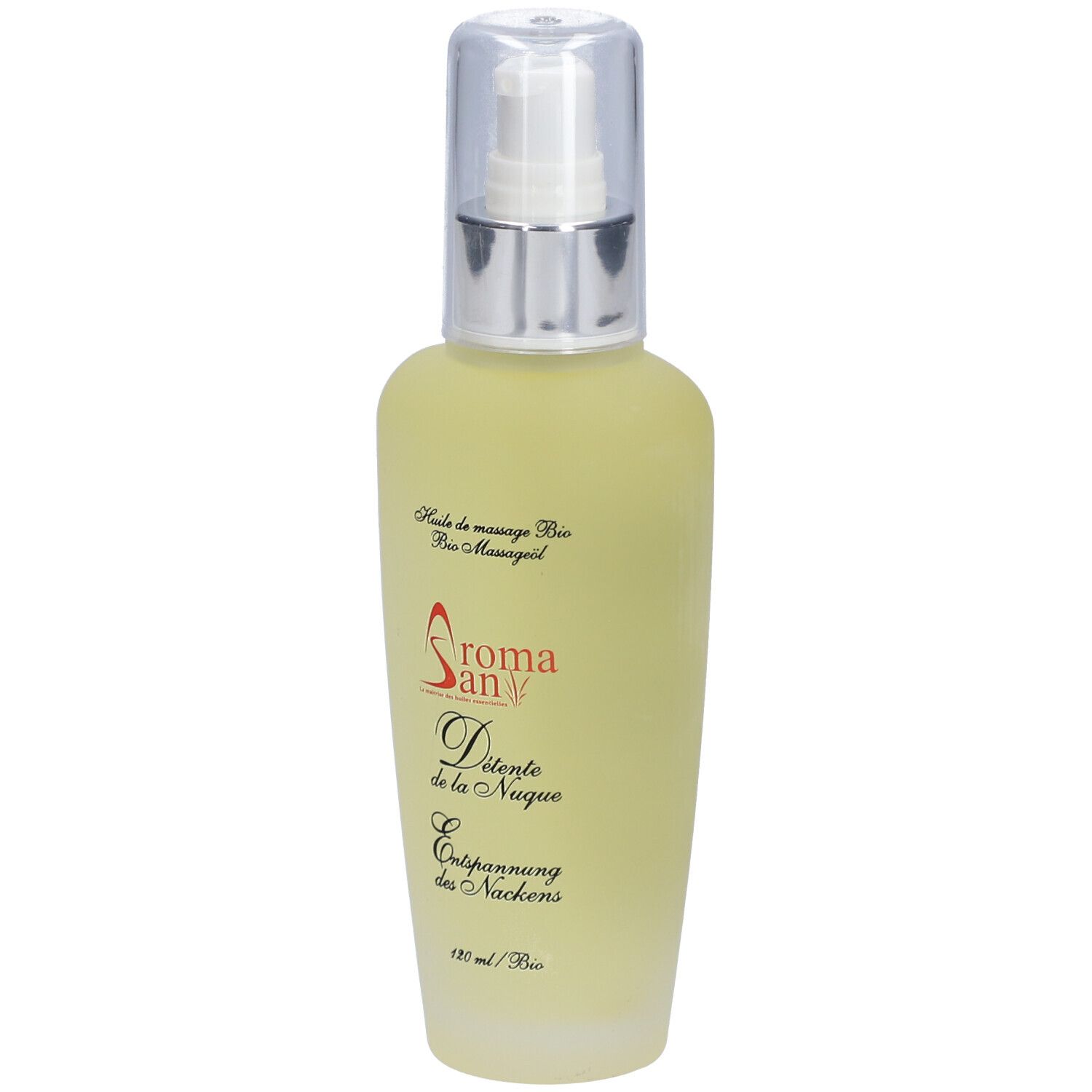 Gelbliche Flasche mit Sprühkopf. Beschriftung: Aromasan, Détente de la Nuque, Entspannung des Nackens, Bio Massageöl.