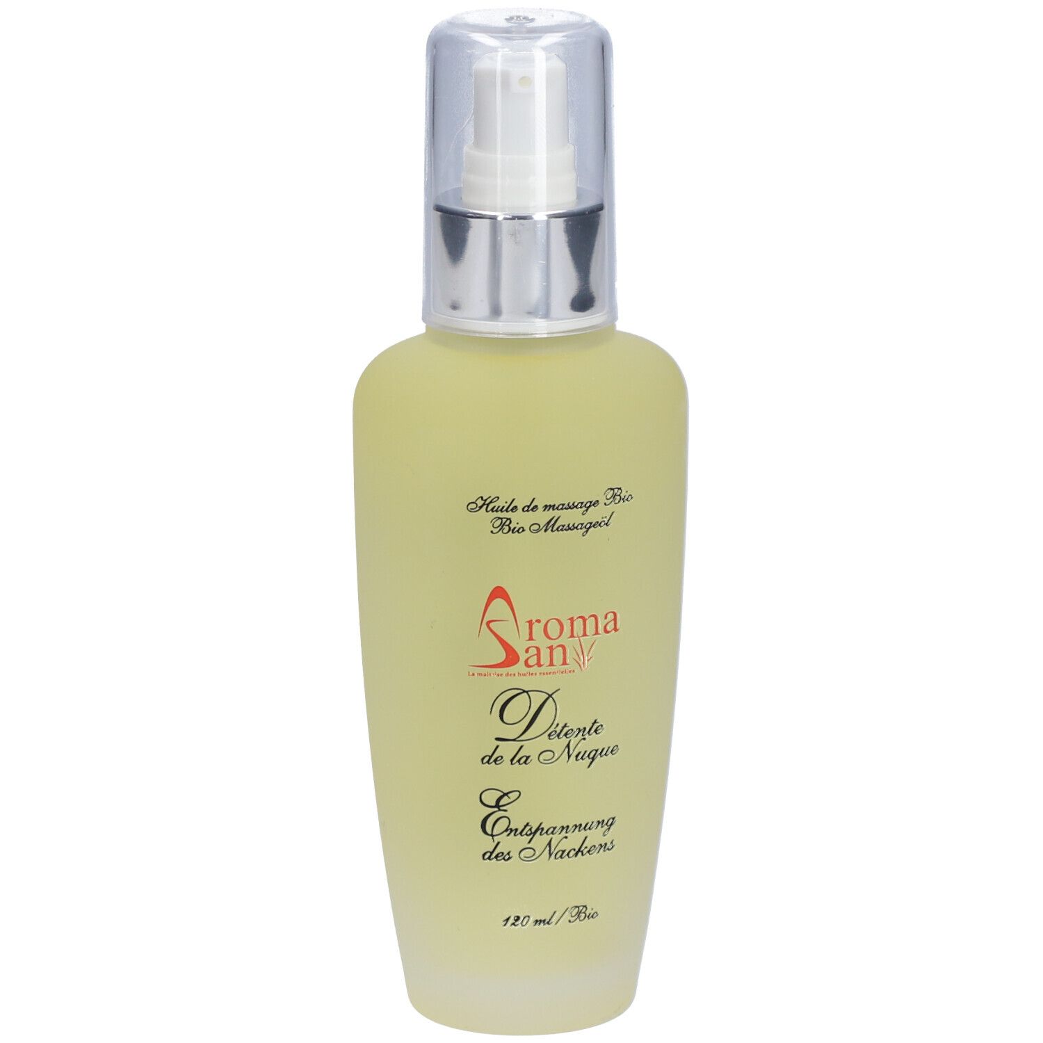 Gelbliche Flasche mit Sprühkopf. Beschriftung: Aromasan, Détente de la Nuque, Entspannung des Nackens, Bio Massageöl.