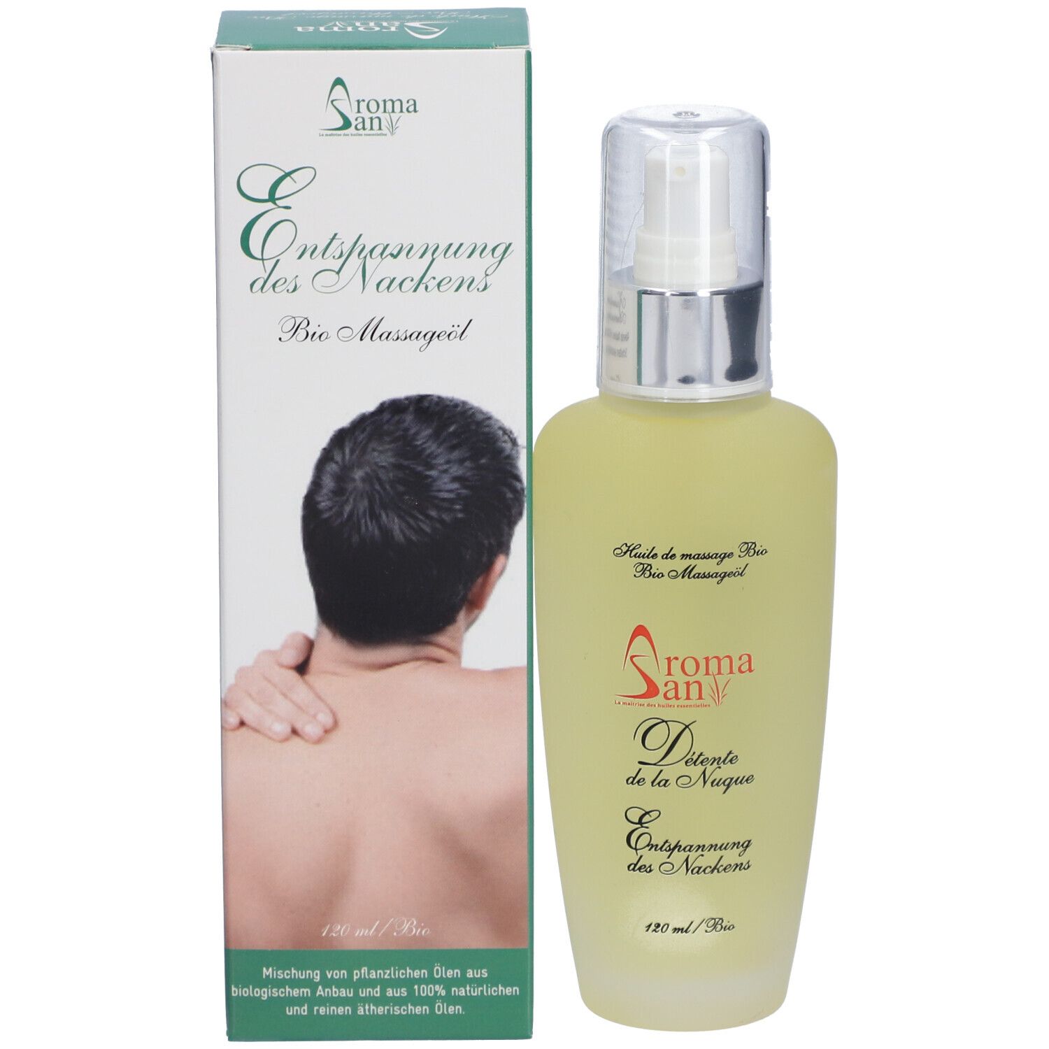 Flasche und Verpackung. Flasche: Aromasan, Détente de la Nuque, Entspannung des Nackens, Bio Massageöl. Verpackung: Mann berührt Nacken.