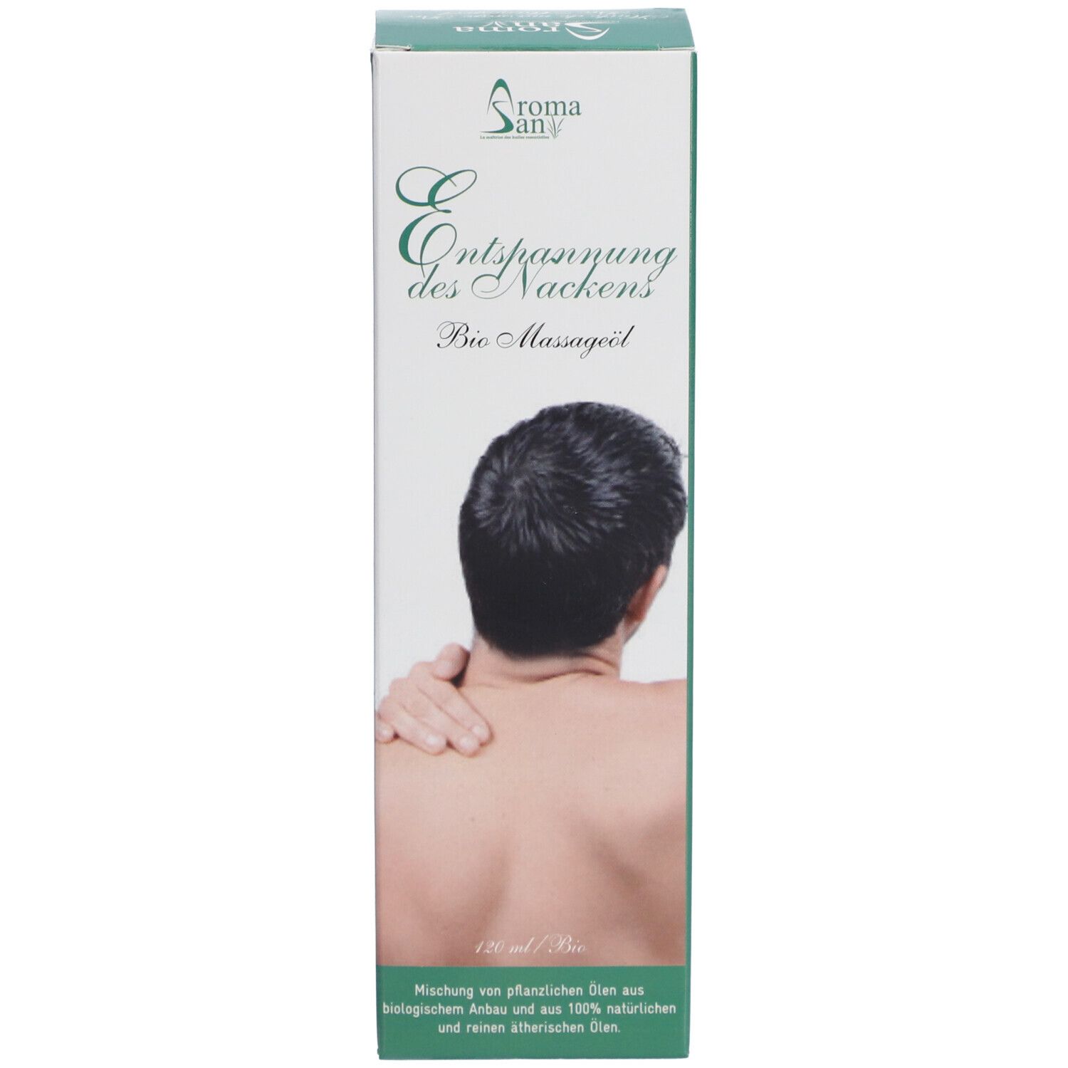Verpackung. Beschriftung: Aromasan, Entspannung des Nackens, Bio Massageöl. Abbildung: Mann berührt Nacken.