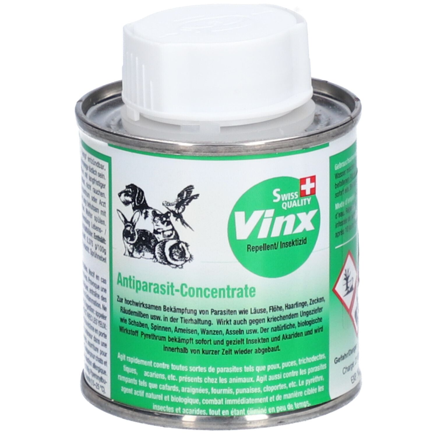 Metallbehälter mit weißem Deckel. Aufschrift: Vinx Antiparasit-Concentrate. Illustration von Tieren. Schweizer Kreuz.