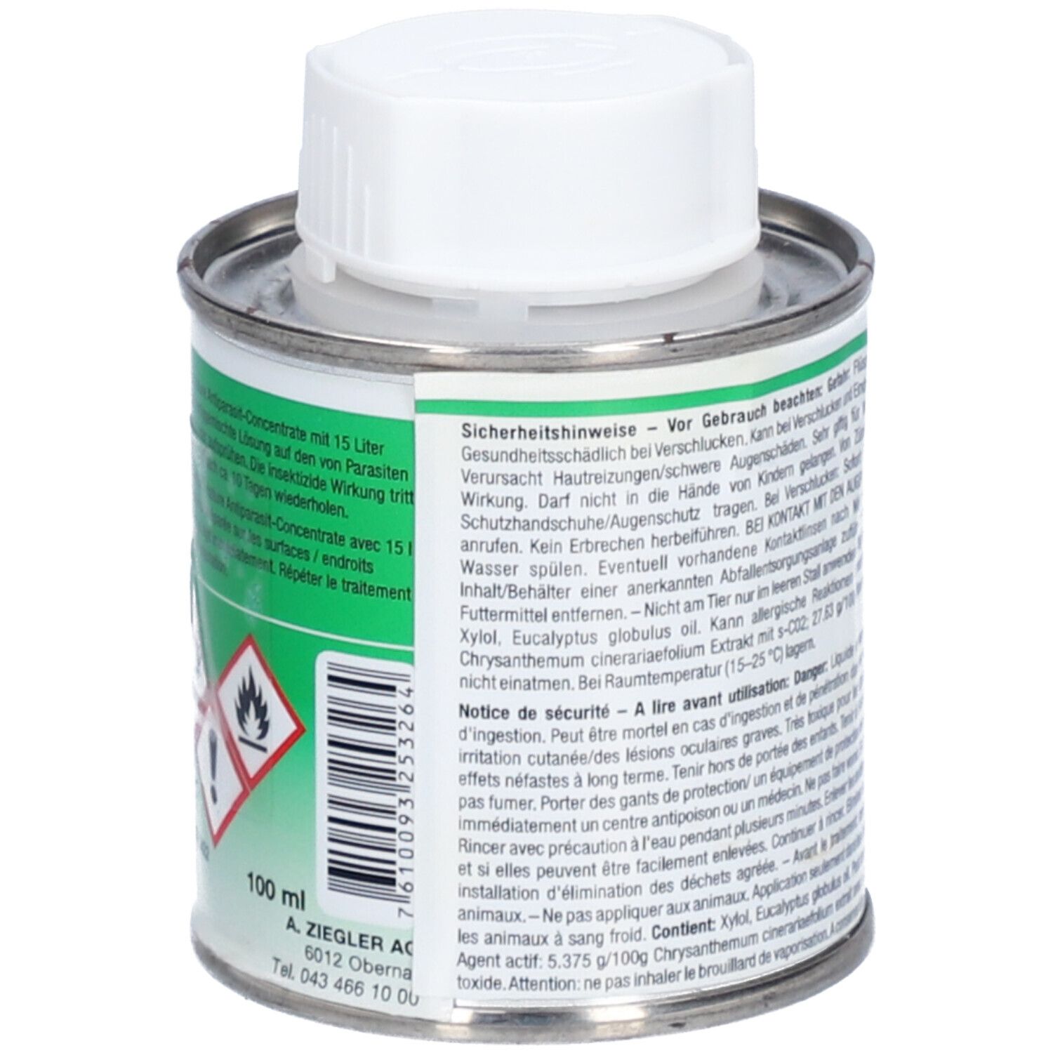 Metallbehälter mit weißem Deckel. Aufschrift: 100 ml. Warnhinweise und Piktogramme. Text in mehreren Sprachen.