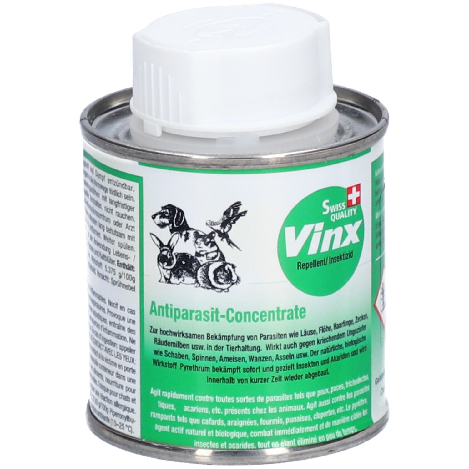 Metallbehälter mit weißem Deckel. Aufschrift: Vinx Antiparasit-Concentrate. Illustration von Tieren. Schweizer Kreuz.