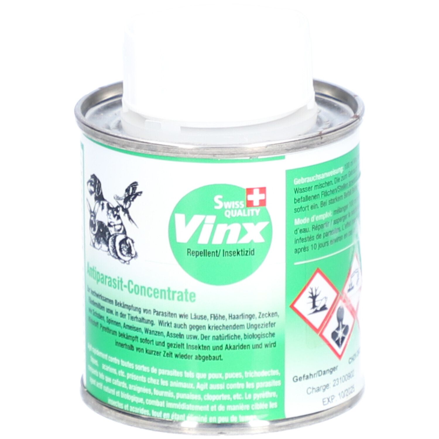 Metallbehälter mit weißem Deckel. Aufschrift: Vinx Repellent/Insektizid. Warnhinweise und Piktogramme. Schweizer Kreuz.