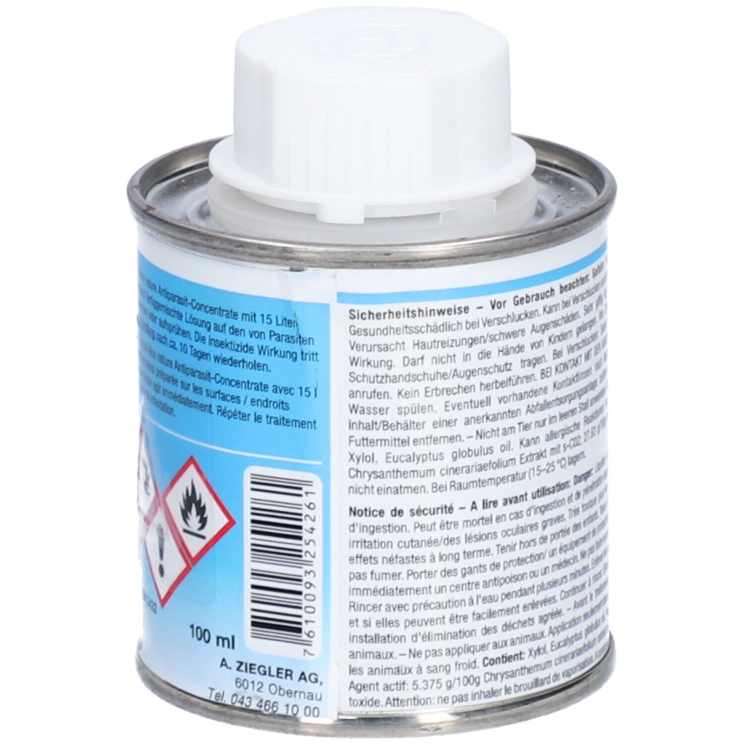 Metallbehälter mit weißem Deckel. Aufschrift: 100 ml. Gefahrensymbole. Text in mehreren Sprachen.