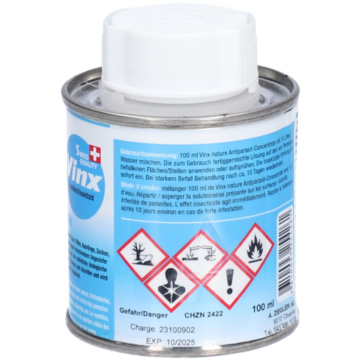 Metallbehälter mit weißem Deckel. Aufschrift: 100 ml. Gefahrensymbole. Text in mehreren Sprachen. Haltbarkeitsdatum.