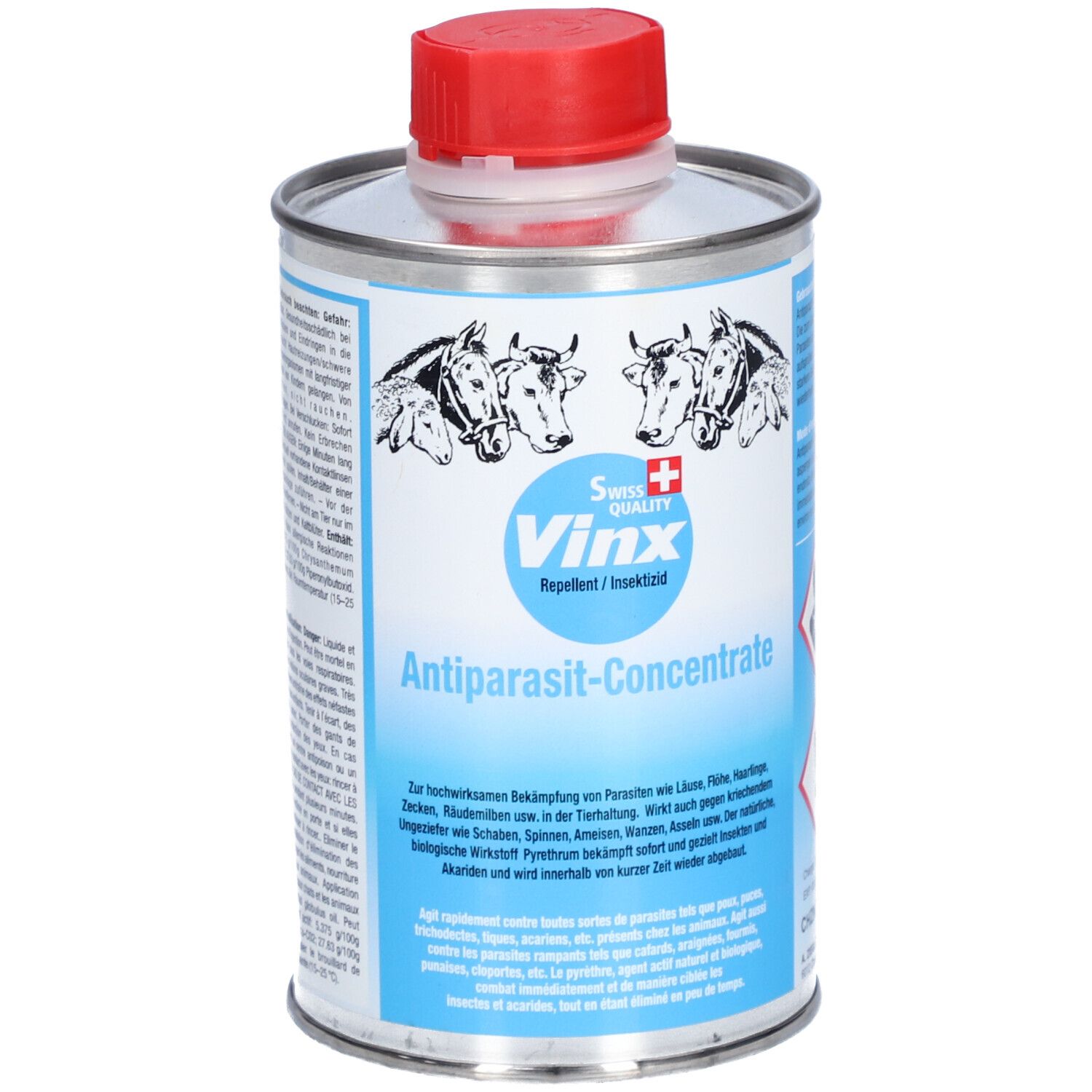 Metallbehälter mit rotem Deckel. Aufschrift: Vinx, Antiparasit-Concentrate. Abbildung von Kühen. Schweizer Kreuz.